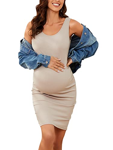Ecavus Women'S Maternity Ribbed Slim Fit Dress Sleeveless Tank Dresses Scoop Neck Pregnancy Bodycon Dress For Casual Wear Oatmeal cover
