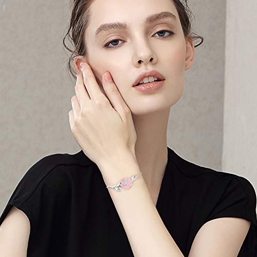 Lotus Fun S925 Sterling Silver Bracelet Simulated Crystal Flower In The Rain Adjustable Bracelets With Chain Length 6.5''-8.66'', Handmade Unique Jewelry For Women And Girls (Pink) #TOP4