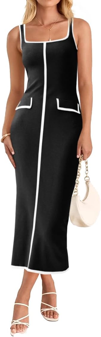 Saodimallsu Womens Summer Sleeveless Midi Dress Square Neck Knit Cocktail Bodycon Color Block Tank Dresses