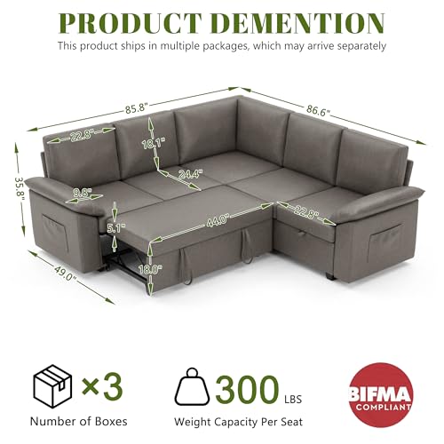 Image of 85 Inch Faux Leather Modular Sectional Sofa with Pull Out Bed, L Shaped 5 Seat Sectional Sleeper Sofa with Storage, Sectional Couches for Living Room, Cloud Modular Couch,Gray Leather