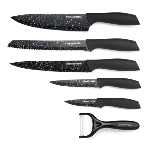 Russell Hobbs 6-teiliges Messer- & Schälerset – Koch-/Brot-/Tranchier-/Allzweck-/Schälmesser, Antihaftbeschichtete Klingen in Marmoroptik, Weichgriff-Ergonomische Griffe, Handwäsche, Schwarz Russell Hobbs 6-teiliges Messer- & Schälerset – Koch-/Brot-/Tranchier-/Allzweck-/Schälmesser, Antihaftbeschichtete Klingen in Marmoroptik, Weichgriff-Ergonomische Griffe, Handwäsche, Schwarz