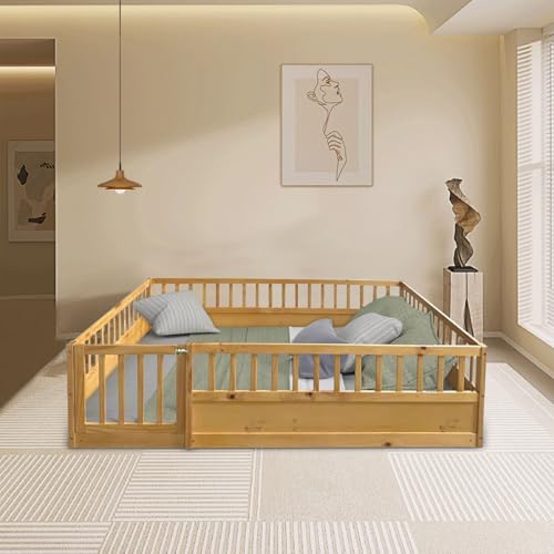 Image of UOCFYK Full Size Floor Bed with Door & Safety High Fence for Kids, Girls, Boys, Bedroom, Playroom,Solid Wood Playhouse Bedframe,Easy Assemble & Space Saving Design & No Box Spring Needed, Natural