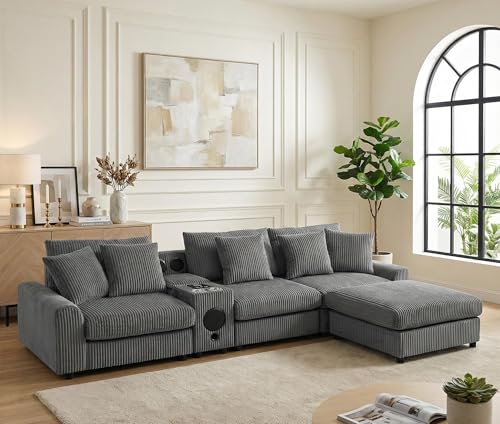 Image of Merax 4 Seater Corduroy Sectional Modular Couch Sofa w /Bluetooth Speakers, L Shaped Deep Seat Cloud Comfy Couches Sofa w /Console, USB Charger, Cup Holders, Storage, Ottoman Chaise for Living Room