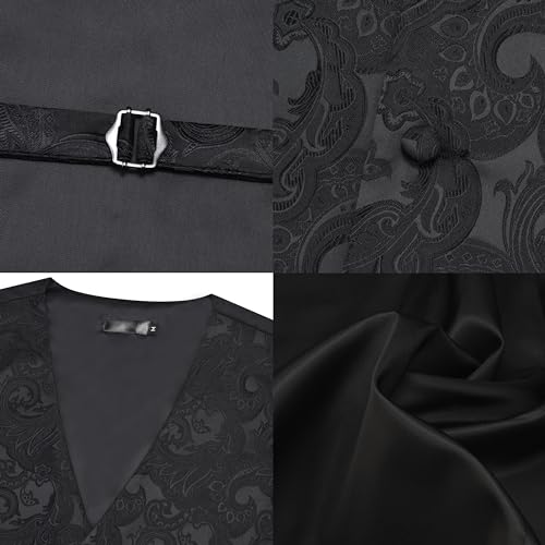 GUSLESON Black Vest Floral Suit Vest Tie and Bow Tie Set Silk Tuxedo Waistcoat Necktie and Pocket Square Lapel Pin Set for Wedding (0806-03-XXL) - Thumbnail 4