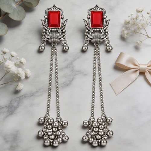 Image of I Jewels Traditional Silver Oxidised Kashmiri Long Dangler Earrings with Ghungroo for Women & Girls Gift