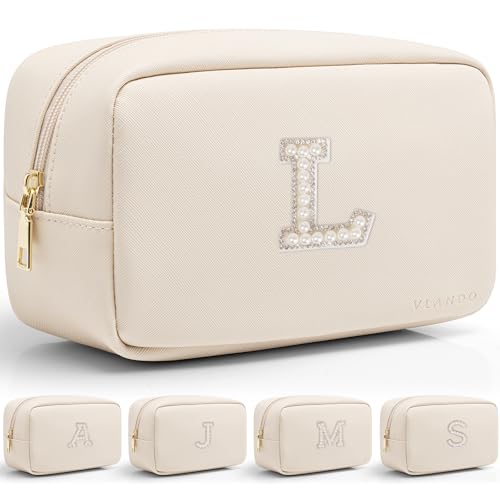 Vlando Travel Gifts for Women Make up Bag Bridesmaid Proposal Gifts Pearl Letter Pouch Cosmetic Bag Zipper Purse for Women Girls Daughter Preppy Stuff L White L