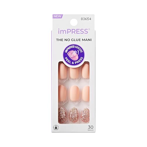 KISS imPRESS No Glue Mani Press On Nails, Design, 'Evanesce', Beige, Short Size, Oval Shape, Includes 30 Nails, Prep Pad, Instructions Sheet, 1 Manicure Stick, 1 Mini File