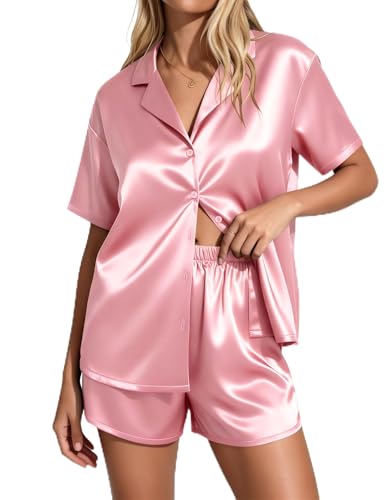 Image of Ekouaer Womens Satin Pajama Set Short Sleeve Sleepwear Button Down Pjs | Silky Smooth Satin, Soft Top and Shorts, Bridal Getting Ready Outfit, 2 Piece Loungewear Set for Daily Sleep, Wedding Party