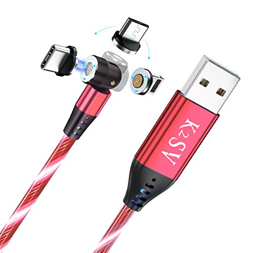 K2SV Luminous Magnetic Charging Cable 540Â° Rotation Magnetic Flowing Phone Charger Cable, 3A Fast Charge with Data Transfer, Magnetic Cable Compatible with Any Devices (3pk Red)