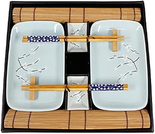 EXZACT Sushi Plate Set 10pcs - 2 x Sushi Plates, 2 x Dip Bowls, 2 x Placemats, 2 x Chopsticks Rests, 2 Pairs of Chopsticks - Highquality Porcelain - Beautifully Presented in Gift Box - Blue