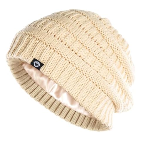 Funky Junque Satin Lined Oversized Beanie for Women – Beige Slouchy Cable Knit Winter Hat Cover