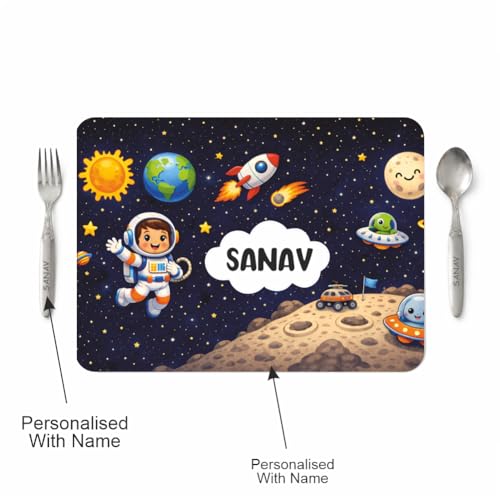 Image of Customized Table Mat with Name & Design Engraving | Personalized Dining Mat with Spoon & Fork | Customized Birthday Gift for Kids (Space)