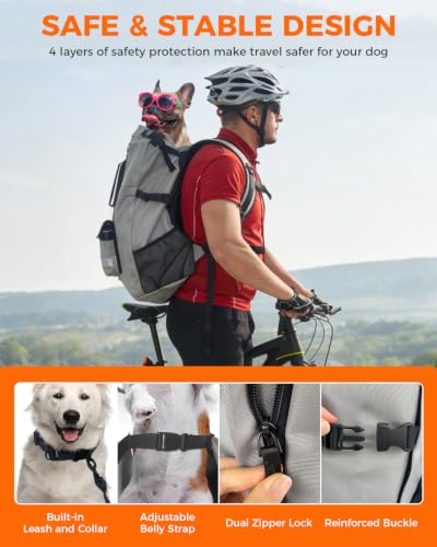 Waterproof Dog Backpack Carrier for Medium Dogs Under 30 lb, Grey | 4-Layer Protection, Adjustable Dog Hiking Backpack with Storage Pockets, Reflective Strips, Non-Slip Handle for Travel - Image 4