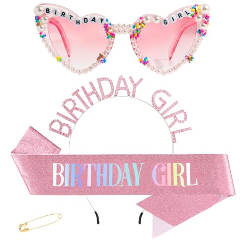 GZJINYUAN 3Pcs Birthday Girl Sash Headband Set- Glitter Sashs Rhinestone Headband Sunglasses Birthday Sash Accessories for Women Girls (Pink)