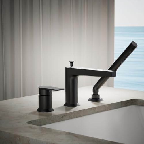 Grifería para baño Kohler modelo Taut, montaje en cubierta, acabado negro mate, con ducha manual y manija de palanca miniatura 2