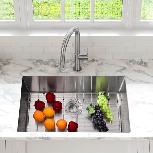 33 Inch Undermount Kitchen Sink Stainless Steel Single Bowl Flush Rim 2.0cm Edge & 1.0mm Wall Brushed Bottom Grid and Drain Included