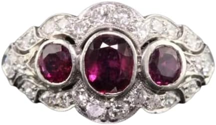 SilvaDeco 2 Ct Oval Ruby Diamond 3 Stone Bezel Set Art Deco Vintage Style Edwardian Engagement Rings For Women 14K White Gold Plated Milgrain Ring 925 Sterling Silver Handmade Jewelry Birthday Gift