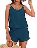 Hanna Nikole Women Swim Romper One Piece Swimsuit 2026 Modest Swimwear Women Blouson Bathing Suit with Pockets Blue-Green XL