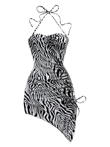 SOLY HUX Women's Zebra Striped Halter Mini Dress Sleeveless Drawstring Split Asymmetrical Hem Bodycon Dresses