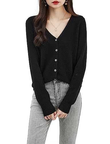 LINY XIN Women's 100% Merino Wool Cardigan Sweater 2023 Fall Winter Soft V Neck Long Sleeve Knit Lightweight Cardigan, Black, Medium