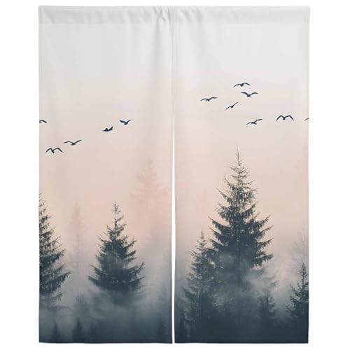 Lalirulero のれん 遮光 幅85x丈90cm おしゃれ 暖簾カーテン 間仕切り 仕切り 防寒 防音 目隠し 厚手 和風 出入り口 グッズ 寝室 玄関 キッチ リビング 春夏秋冬 水彩画 植物 手描き 山脈 風景 レトロ