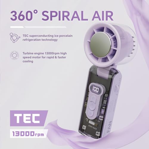Image of Portable Handheld Fan with Cooling Plate for Personal Travel | Small Turbo Cooler with Lanyard, LED Flashlight for Camping Outdoor, High Speed Cold Air, Rechargeable Foldable Desk Item