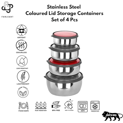 Image of Stainless Steel Food Storage Containers with Coloured Airtight Plastic Lids; Kitchen Lid Bowl Set; 4Pcs (350ml, 650ml, 950ml, 1250ml) (REGULAR PRINT)