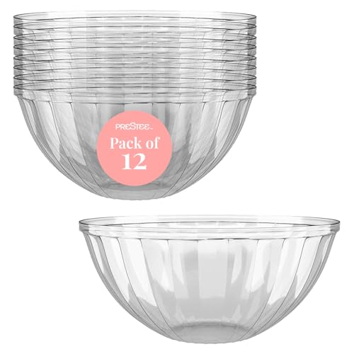 Prestee 12 Pack Clear Plastic Serving Bowls - 53 Oz Round Reusable and Disposable Bowls for Parties and Events - Sturdy and Durable Plastic Bowl for Serving Food, Salads, Snacks, Chips, and Candies