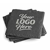 Custom Logo Slate Coasters - Set of 12 Personalized Black Stone Drink Coasters, Engraved for Corporate Gifts, Client Giveaways, Home, Office and Event Use