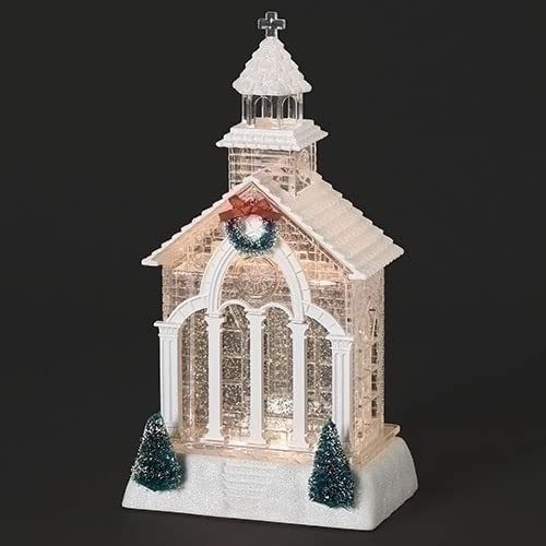 Iglesia con remolino de luz mágica, árbol y corona para iluminar tus tradiciones navideñas
