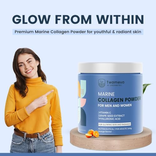 Image of Collagen Peptides Supplement for Skin, Hair, Nails | Vitamin C, E and Grape Seed Extract| For Healthy Skin,Hair | Marine Collagen Powder for Women & Men | Orange Flavour | 200g