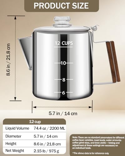 Image of Coffee Maker Coffee Percolator 304 Stainless Steel Pot Stovetop Easy Brewing Even Heating 12 Cup 74.4oz 2200ml Silver Classic Design Heat Resistant Home Camping Outdoor