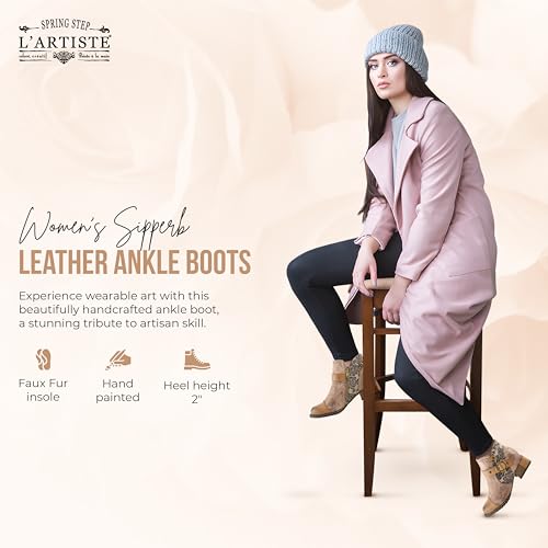Spring Step L'Artiste Women’s Hand-Painted Leather Ankle Boots — Bold Buckle Strap with Side Zipper Closure — Cushioned Faux Fur Insole, 2" Block Heel4