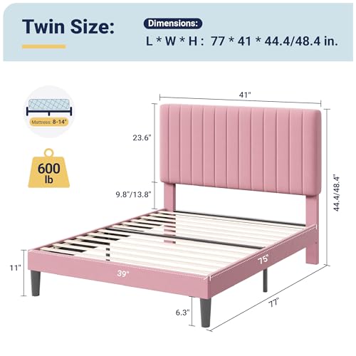 Image of Allewie Twin Bed Frame, Velvet Upholstered Platform Bed with Adjustable Vertical Channel Tufted Headboard, Mattress Foundation with Strong Wooden Slats, Box Spring Optional, Easy Assembly, Pink