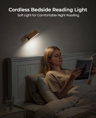 Image of Wood LED Wall Sconce, Magnetic 360 Rotatable Wall Mounted Night Light & Reading Light, Small Rechargeable Battery Powered Bedside Wall Lamp for Bedroom, Living Room, Beech Wood