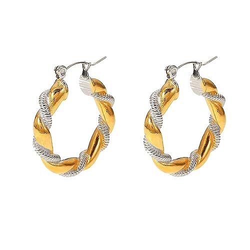 Gold Silver Two Tone Twisted Hoop Earrings Minimalist Lightweight Chic Trendy Fashion 18K Gold Plated Stainless Steel Piercing Earrings Unique Birthday Jewelry