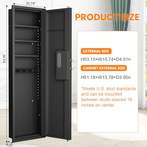 Image of 53.15 inch Wall Safe Between the Studs, Hidden Safe with Dual Alarm System and Silent Mode, Wall Gun Safe with 3 Adjustable Shelves and Magnetic Slot (Black-Digital)