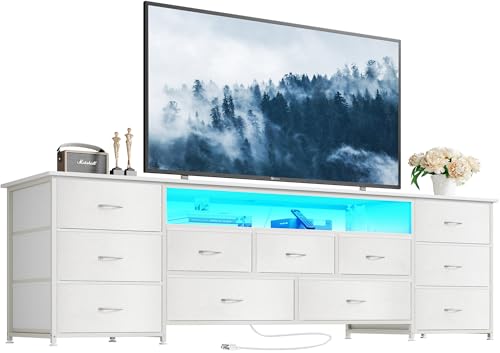 Huuger 70 Inch TV Stand for 75, 80 Inch TV, 11 Drawer Long Dresser with Power Outlets and LED Lights, Entertainment Center with Storage, White Dresser with PU Leather Surface