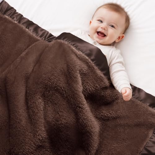 Image of Pro Goleem Fleece Baby Blanket with 2 Inch Satin Trim Soft Anti-Static Plush Blanket for Boys and Girls Christmas Baby Gifts for Babies 30''x40'',Brown