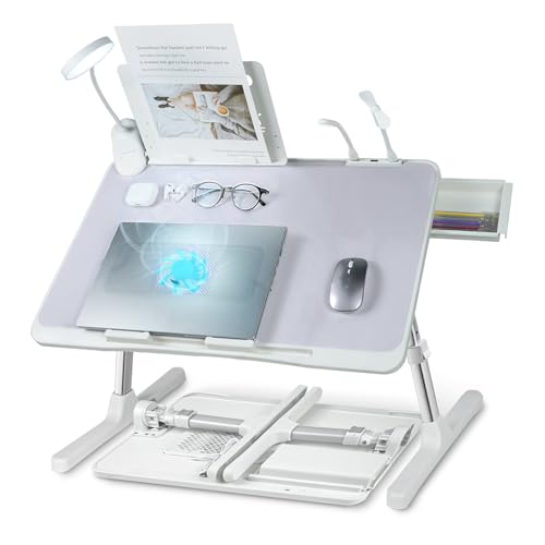 Image of Adjustable Laptop Lap Desk with Cooling Fan USB Light for Adults 56x32cm,Grey