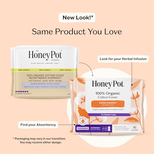 Image of The Honey Pot Company - Cotton Comfort - Overnight Incontinence Pads | Organic Cotton Cover w /Wings - Bladder Leak Control - No Fragrance, Ultra-Absorbent Pulp Core - Feminine Care - 64ct