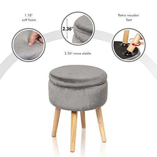 B Fsobeiialeo Round Storage Ottoman, Soft Padded Velvet Footstool Vanity Makeup Chair, With Wooden Legs & Tray Top 14.17" (Grey) #TOP7
