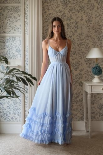 Floral Printed Chiffon Prom Dress with Silt Spaghetti Straps Ball Gown Ruffle Hem Long Formal Evening Party Dress3