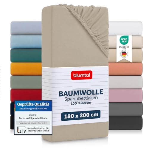 Blumtal® Baumwolle Spannbettlaken 180x200x30cm Basics Jersey - Bettlaken Oeko-TEX zertifiziertes Spannbetttuch 180x200cm - Taupe – Ansicht 1