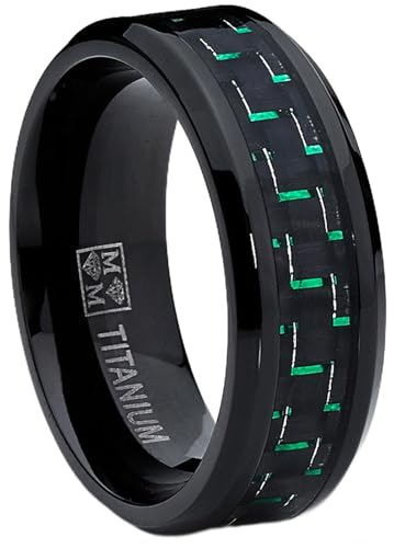 Black Titanium Wedding Band Ring with Black and Green Carbon Fiber inlay, Comfort fit 8mm, Size 11