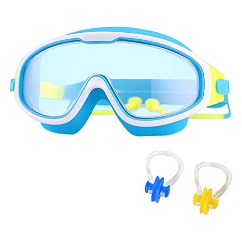 Heiqlay Swimming Goggles, Kids Swimming Goggles, Kids Goggles 3-14 Years, with UV Protection and Anti Fog Lens, One-Piece Earplugs, 2 Nose Clip, for Girls Boys Children (Blue) Cover