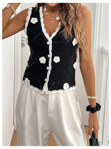 MakeMeChic Women's 3D Flower V Neck Button Down Sweater Vest Sleeveless Scallop Trim Knit Top4