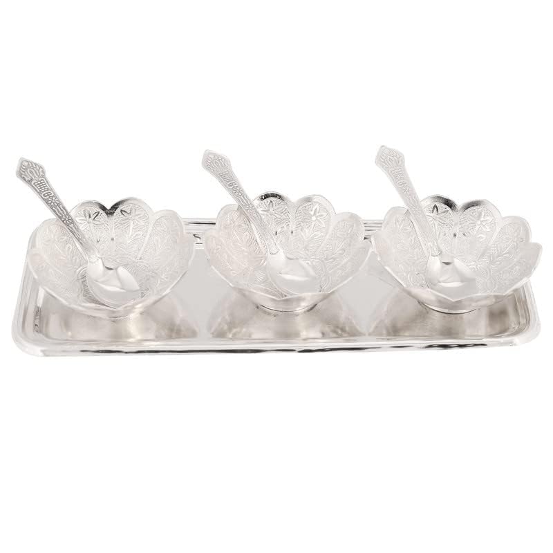 SE Luxury Silver Plated Bowl Set with 3 Bowls, 3 Spoons, 1 Tray, Royal Velvet Box, 7 Pieces