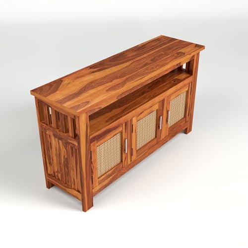 Image of Sheesham Wood Kitchen Cabinet with Cane Woven Doors | Solid Wood Storage Sideboard with Open Shelf & 3 Door Cabinet | Rosewood Storage Cabinet for Living Room (Natural Finish)