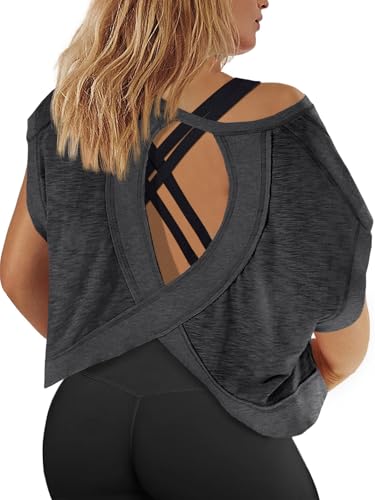 Fisoew Womens Plus Size Open Back Workout Tops Backless Short Sleeve Athletic Shirt Running Crop Top Gym Yoga T-Shirt Dark Grey